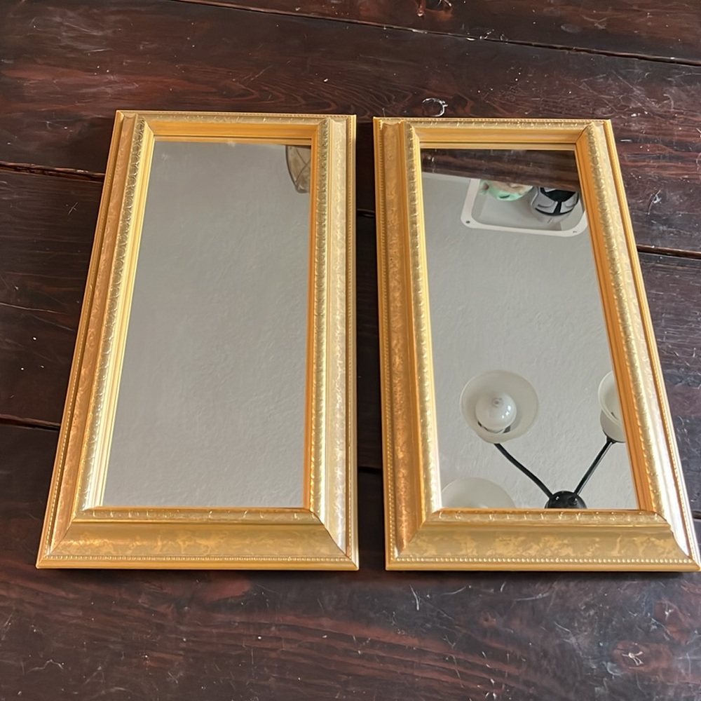 Vintage set of 2 Gold Rectangular Wall Mirrors with shiny floral design on frame